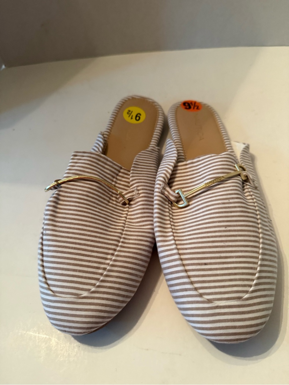 Nautica Beige and White Striped Slip-On Mules with Gold Accent Women’s 9.5